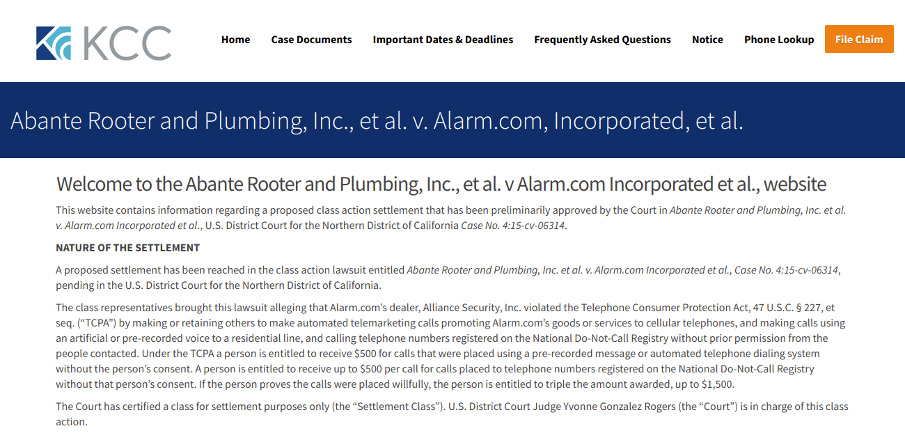  alarmtcpaclassaction settlement claim